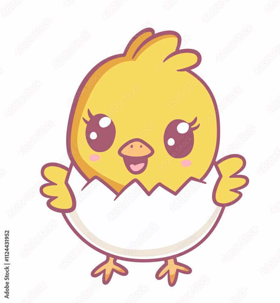 Illustration of a little baby chicken bird cartoon character breaking out of a Easter egg/ Yellow cute chick