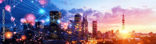 Vibrant City Skyline at Sunset with Connecting Digital Network Lines photo