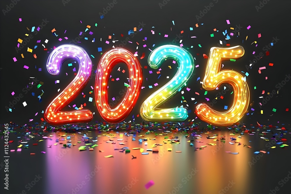 Vibrant and Glowing Animated 2025 Text with Neon Lights, Streamers, and Festive Confetti for a Retro-Futuristic Party Vibrant and Glowing Animated 2025 Text with Neon Lights, Streamers, and Festive Confetti for a Retro-Futuristic Party