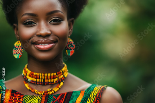 Close-up of a young African woman in traditional Kente cloth, vibrant colors, standing in natural light with a proud smile, blurred natural background, sharp details, culturally rich, generative AI
