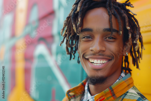 Close-up of a young Black man with stylish dreadlocks, wearing vibrant streetwear, standing against a colorful urban mural, warm lighting, expressive smile, modern and artistic look, generative AI