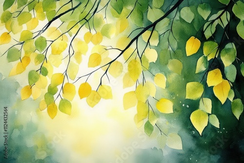 Translucent leaves create a beautiful mosaic in vibrant greens and yellows. photo