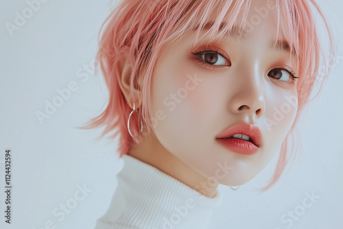 Close-up of a young East Asian woman with short pink hair and minimalistic earrings, wearing a white turtleneck, soft studio lighting, artistic and contemporary vibe, clean background, generative AI
