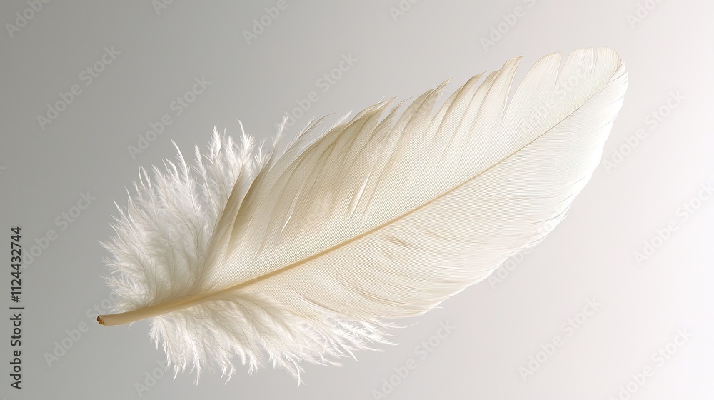 Fototapeta premium Soft white feather resting on a smooth surface with gentle light highlighting its delicate texture