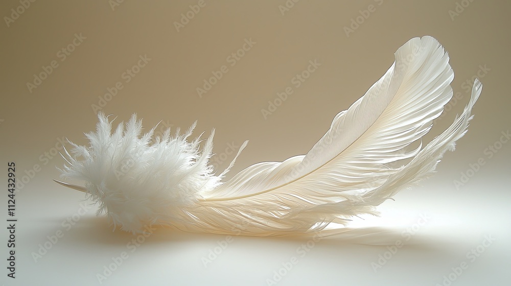 Obraz premium Delicate white feather resting gracefully on a soft surface with a subtle light