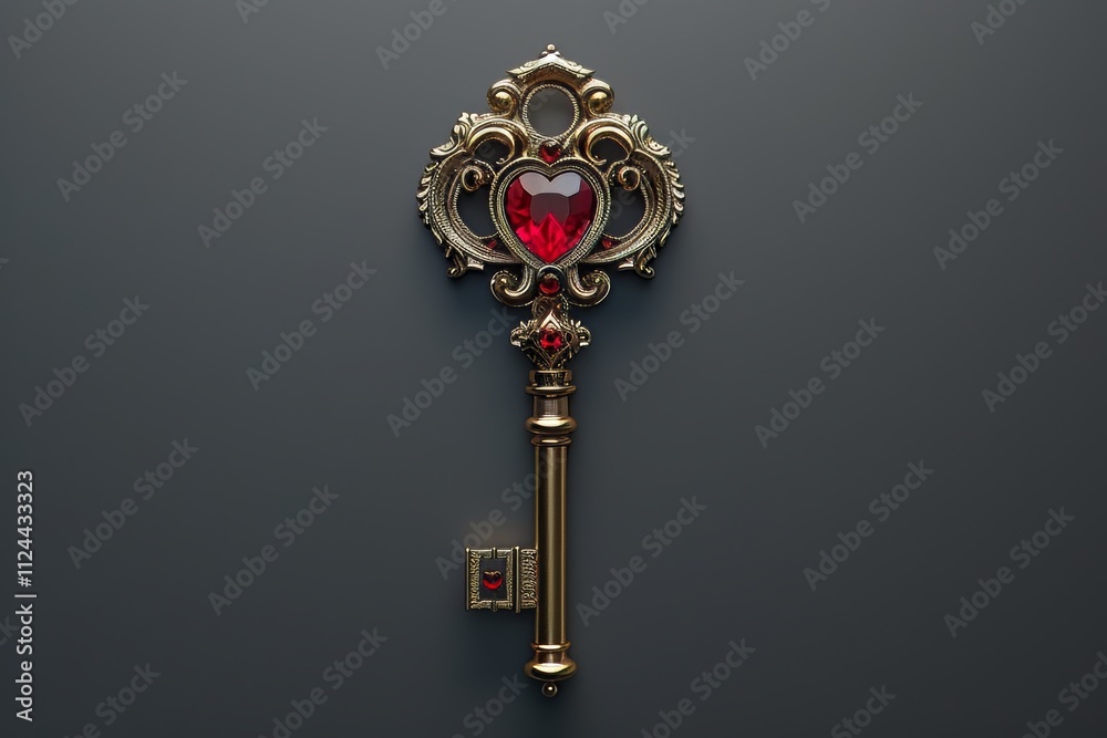 Intricately designed antique key with a heart-shaped red gemstone on a dark background Intricately designed antique key with a heart-shaped red gemstone on a dark background