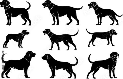 A collection of black silhouettes of dogs in various poses, ideal for graphic design and pet-related projects.