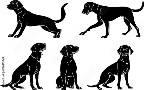 A collection of black silhouettes of dogs in various poses, ideal for graphic design and pet-related projects.