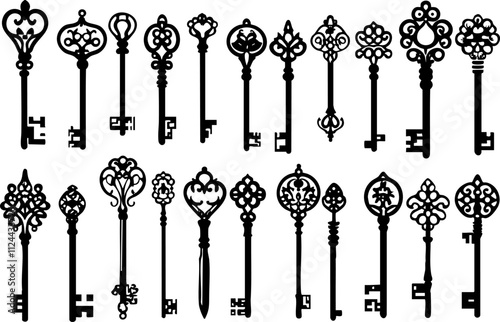 A collection of vintage ornate keys in silhouette style, perfect for decorative designs and illustrations.