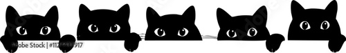 A playful illustration featuring five black cats peeking over a surface, showcasing their cute expressions and whiskers.