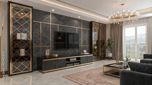 Graphite gray TV wall with matte black latticework, Bold graphite and black accents

