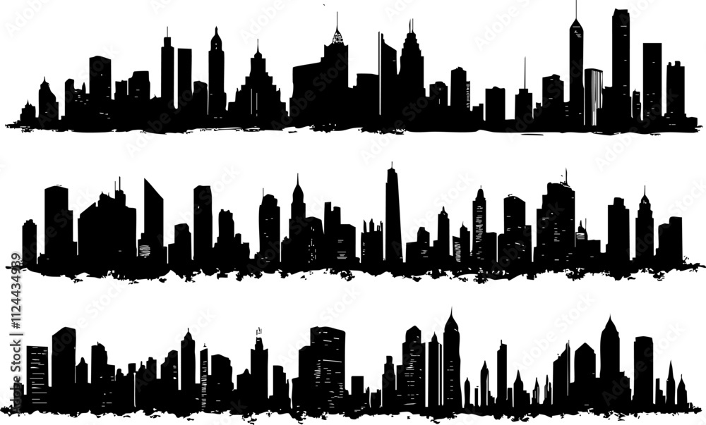 Fototapeta premium A stylized silhouette of city skylines featuring various building shapes and designs, perfect for urban-themed projects.