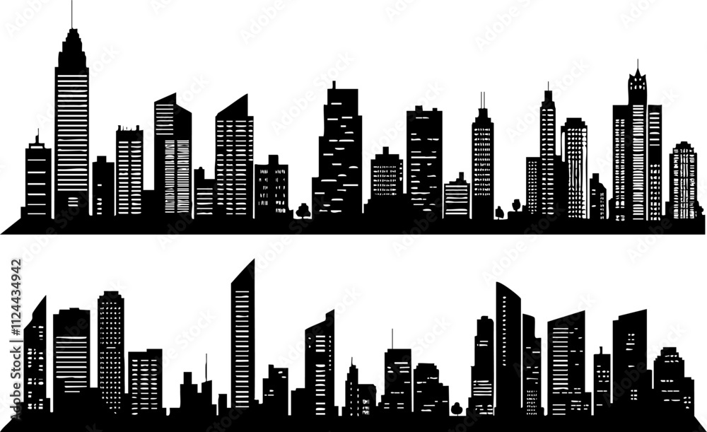 Fototapeta premium A stylized black silhouette of city skylines featuring modern skyscrapers and various architectural designs, suitable for graphic design projects.