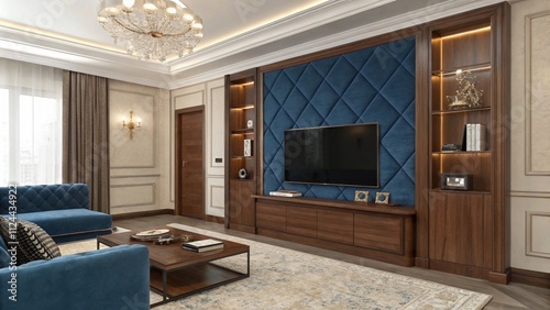 Graphite gray TV wall with matte black latticework, Bold graphite and black accents

