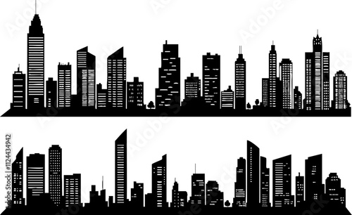 A stylized black silhouette of city skylines featuring modern skyscrapers and various architectural designs, suitable for graphic design projects.