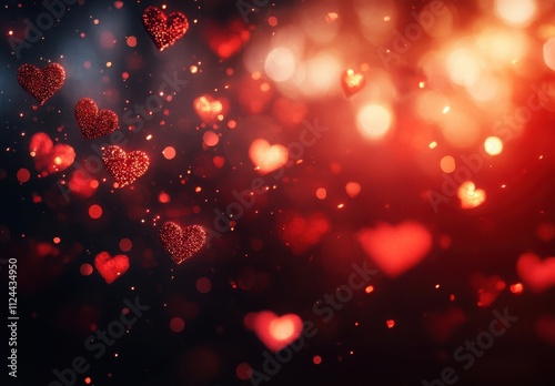 Romantic Blurred Background with Glittering Red Hearts and Bokeh Lights for Celebrating Love, Valentine's Day or Wedding Decoration