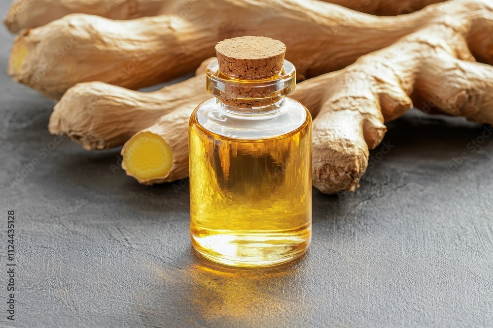 Glass Bottle of Transparent Ginger Oil with Cork Stopper and Ginger Root on Dark Surface