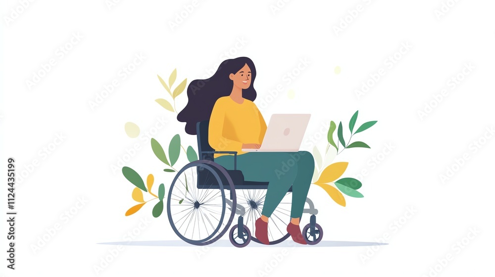 A woman in a wheelchair uses a laptop. A woman in a wheelchair uses a laptop.