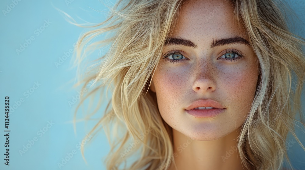 Beauty portrait of smiling laughing woman with tousled blonde hair clean fresh face in soft natural light Beauty portrait of smiling laughing woman with tousled blonde hair clean fresh face in soft natural light