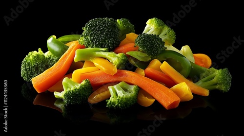 A colorful arrangement of fresh vegetables--carrots, broccoli, bell peppers--sliced thinly for preparing a traditional vegetarian stir-fry.