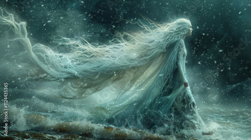 Winter season. The Legendary Winter Creatures . A selkie emerging from the ocean's depths, its shimmering seal skin transforming into a human form as it steps onto the shore. photo