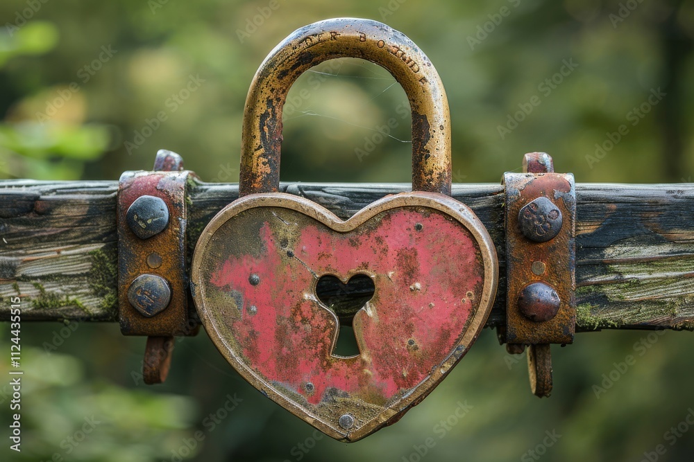 Heart-shaped padlock secured on a rustic wooden gate in a serene garden setting during daylight hours