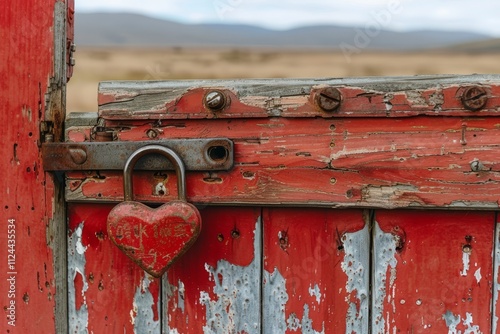 Rustic red gate with heart-shaped lock against barren landscape under cloudy sky