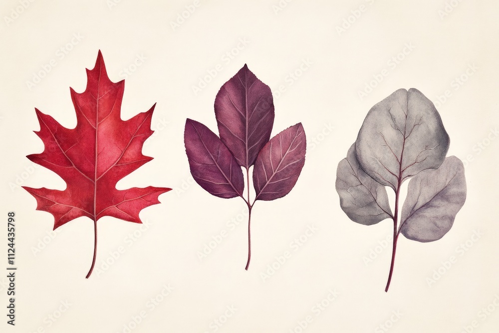 Beautiful Watercolor Illustration of Autumn Leaves in Red, Purple, and Gray - Perfect for Nature-Themed Designs and Seasonal Decor Beautiful Watercolor Illustration of Autumn Leaves in Red, Purple, and Gray - Perfect for Nature-Themed Designs and Seasonal Decor