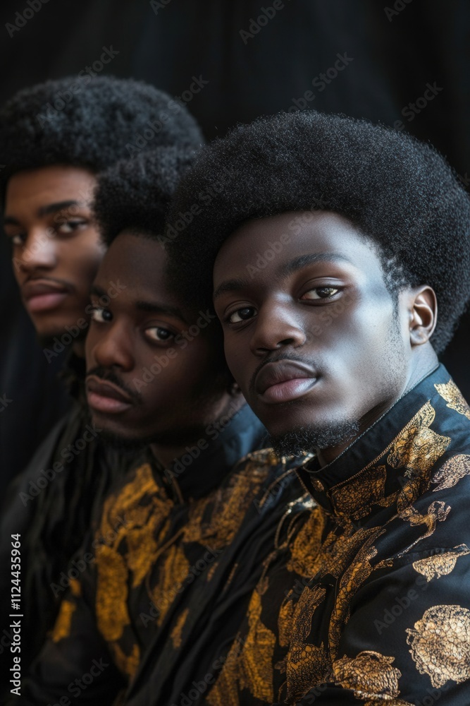 Black History Month theme, illustration of 3 black skin modern beautiful stylish persons looking at camera Black History Month theme, illustration of 3 black skin modern beautiful stylish persons looking at camera