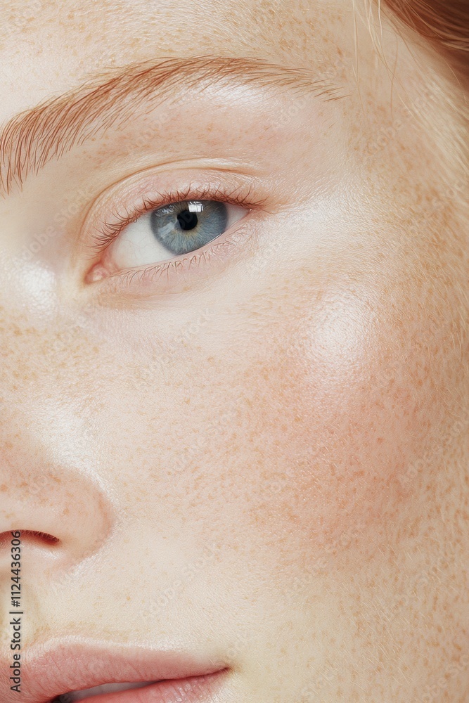 Close-up of a woman with pale skin, blue eyes, and natural freckles, minimal makeup editorial aesthetic - instagram social media content marketing