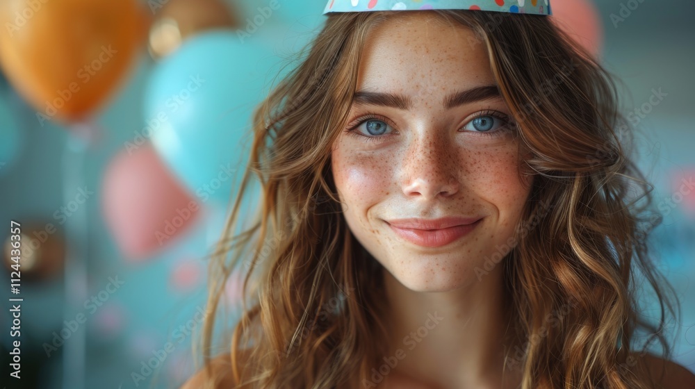 Happy birthday. Funny girl in birthday hat on blue background -- Happy birthday. Funny girl in birthday hat on blue background --