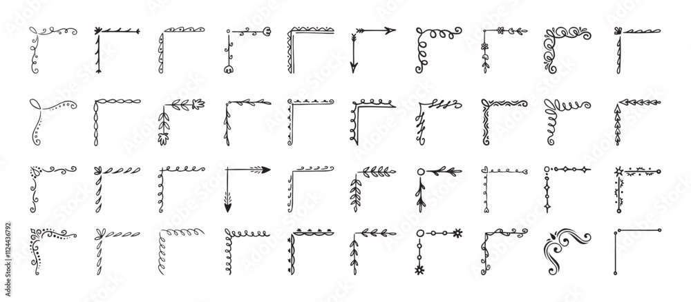 Doodle hand drawn corner border set with different shapes. Flourish, flower decoration. Isolated vector illustration for wedding, greeting banner design. sketch style Corners drawn by brush, pen. Doodle hand drawn corner border set with different shapes. Flourish, flower decoration. Isolated vector illustration for wedding, greeting banner design. sketch style Corners drawn by brush, pen.