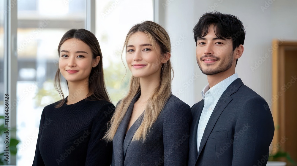 Smiling Business Professionals Standing Together in Modern Office Smiling Business Professionals Standing Together in Modern Office