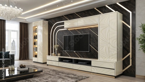 Light cream plaster TV wall with subtle gold streaks, Elegant cream and gold decor ideas

