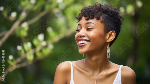 Portrait of smiling African American girl with short hair green background banner.