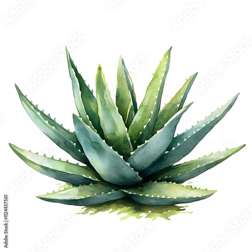 Aloe Vera Plant Watercolor Illustration: A lush green aloe vera plant rendered in delicate watercolor, showcasing its intricate details and vibrant colors.