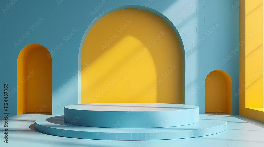 Pastel Paradise: A vibrant, minimalist studio scene features a light blue cylindrical podium set against a backdrop of sunny yellow and sky blue arched walls, bathed in soft sunlight. Pastel Paradise: A vibrant, minimalist studio scene features a light blue cylindrical podium set against a backdrop of sunny yellow and sky blue arched walls, bathed in soft sunlight.