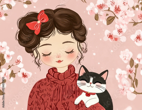 Purrfect Moments. AI generated image. This enchanting calendar features 12 heartwarming illustrations that capture the special bond between a young woman and her beloved cat. photo