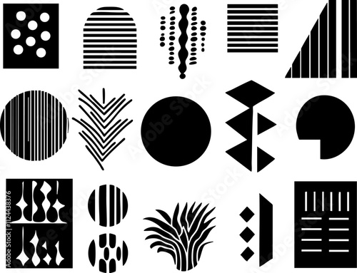 A collection of abstract black and white patterns and shapes showcasing modern design elements and creative graphics.