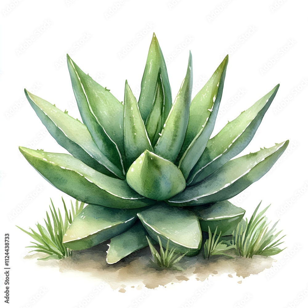 Watercolor Aloe Vera Plant: A delicate and intricate watercolor painting of an aloe vera plant, showcasing its vibrant green leaves and intricate details. The plant is depicted in a natural setting. Watercolor Aloe Vera Plant: A delicate and intricate watercolor painting of an aloe vera plant, showcasing its vibrant green leaves and intricate details. The plant is depicted in a natural setting.
