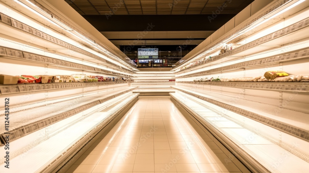 Obraz premium Minimalist supermarket scene with completely empty shelves, symbolizing scarcity and crisis