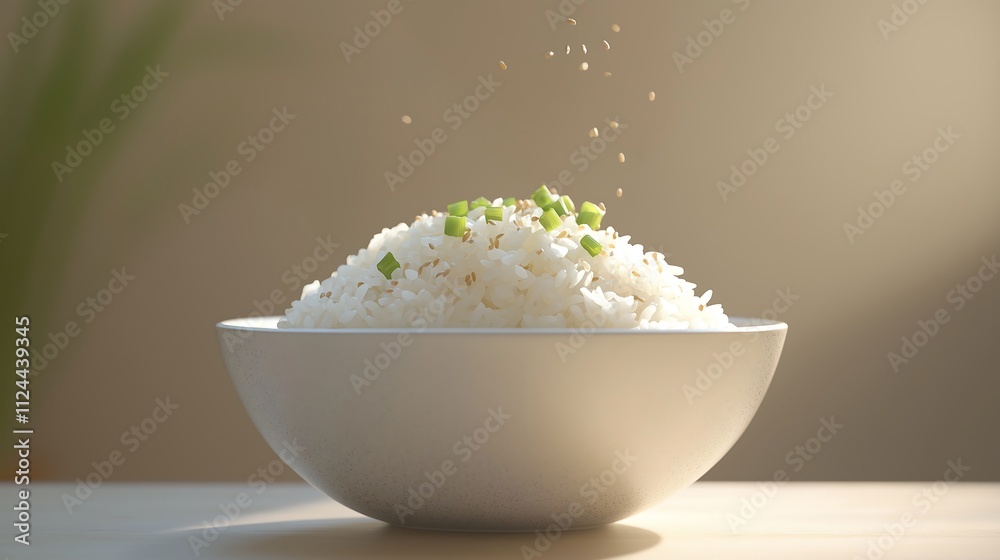 
Soft, fluffy Thai jasmine rice served in a simple, elegant bowl with a sprinkle of sesame seeds and sliced green onions on top.