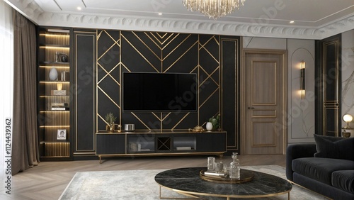 Midnight blue velvet TV wall with polished silver trims, Sophisticated blue and silver decor

