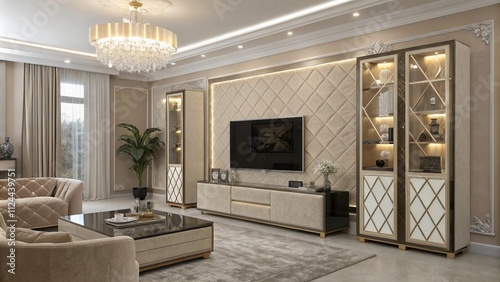 Ivory textured stucco TV wall with gold leaf accents, Classic ivory and gold decor

