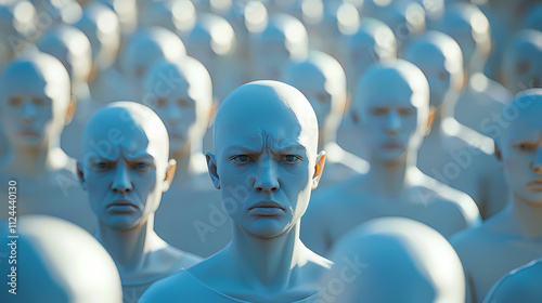 The Conformity: A chillingly uniform sea of bald, pale-skinned figures gazes forward with a unsettling sense of sameness. photo