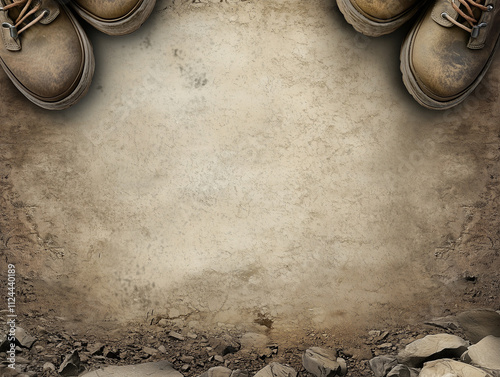 Rustic leather hiking boots on a rocky path with blank space for text