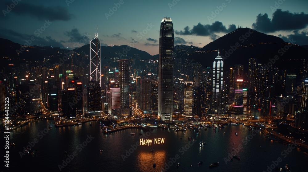 Naklejka premium New year's eve fireworks celebration over bustling city skyline hong kong nighttime view vibrant atmosphere urban festivity