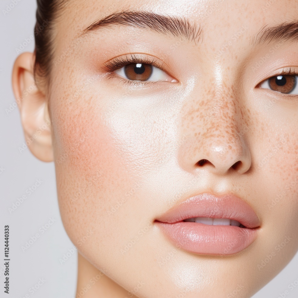 Portrait of a woman with radiant skin, freckles, and natural pink lips, soft editorial aesthetic - instagram social media content marketing
