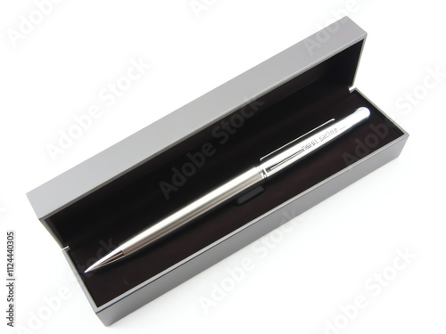 A silver pen placed inside a black box, set against a clean white background.