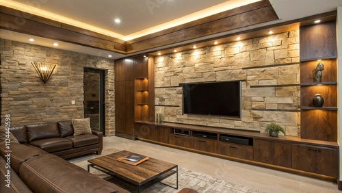 Ivory textured stucco TV wall with gold leaf accents, Classic ivory and gold decor

